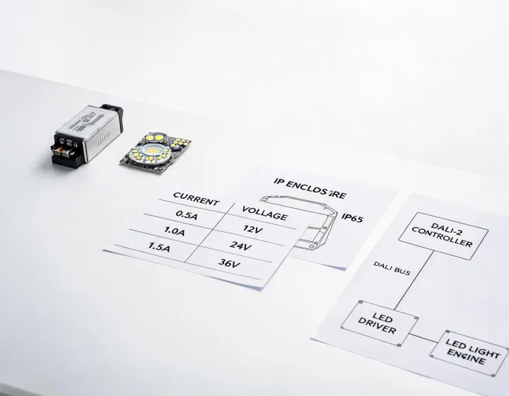 LED driver selector worksheet beside luminaire module
